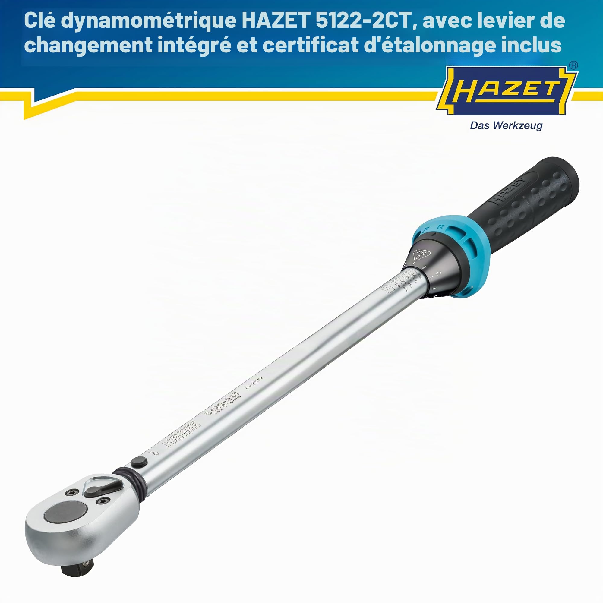 HAZET Clé dynamométrique 5122-2CT I Sortie : carré 12,5 mm, 1/2 pouce, tolérance : 4%, 32 dents I Cliquet réversible pour voiture et vélo I 519mm