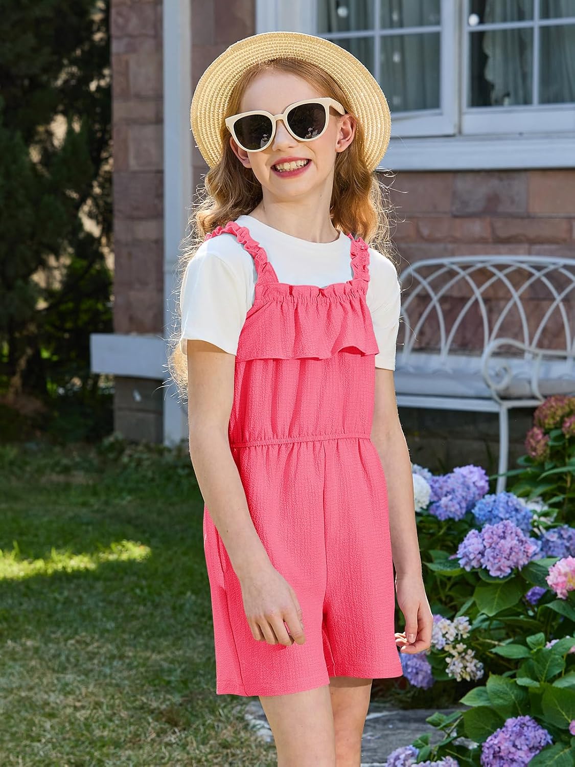 Haloumoning Girls Summer Sleeveless Romper Kids Ruffle Ttrim Elastic Waisted Short Jumpsuits with Pockets 5-14 Years