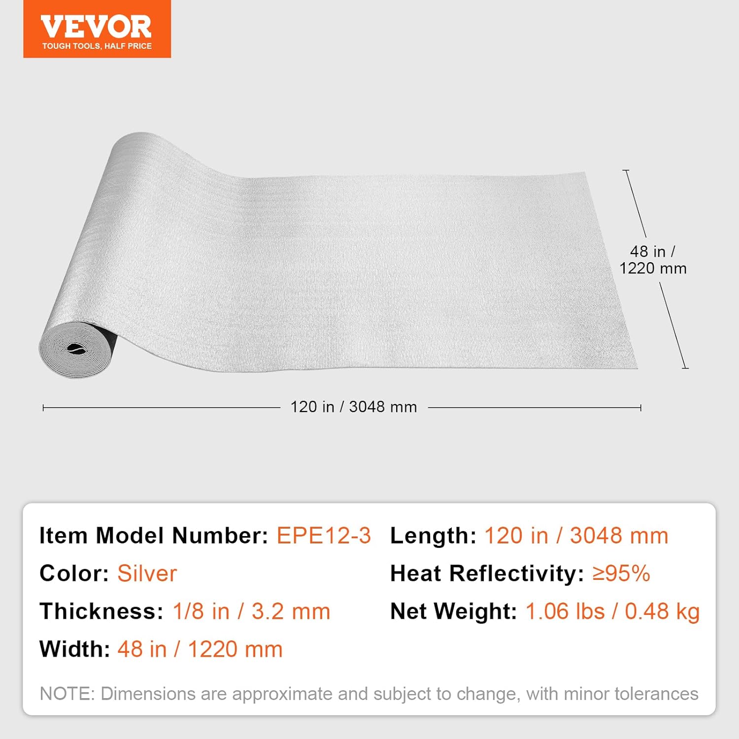 VEVOR Double Reflective Insulation Roll, Foam Core Radiant Barrier, 3.2 mm 48 in x 10 ft, Double-Sided Aluminum Foil EPE Foam Heat Reflective Shield, Thermal Insulation Roll for Window RV Roof