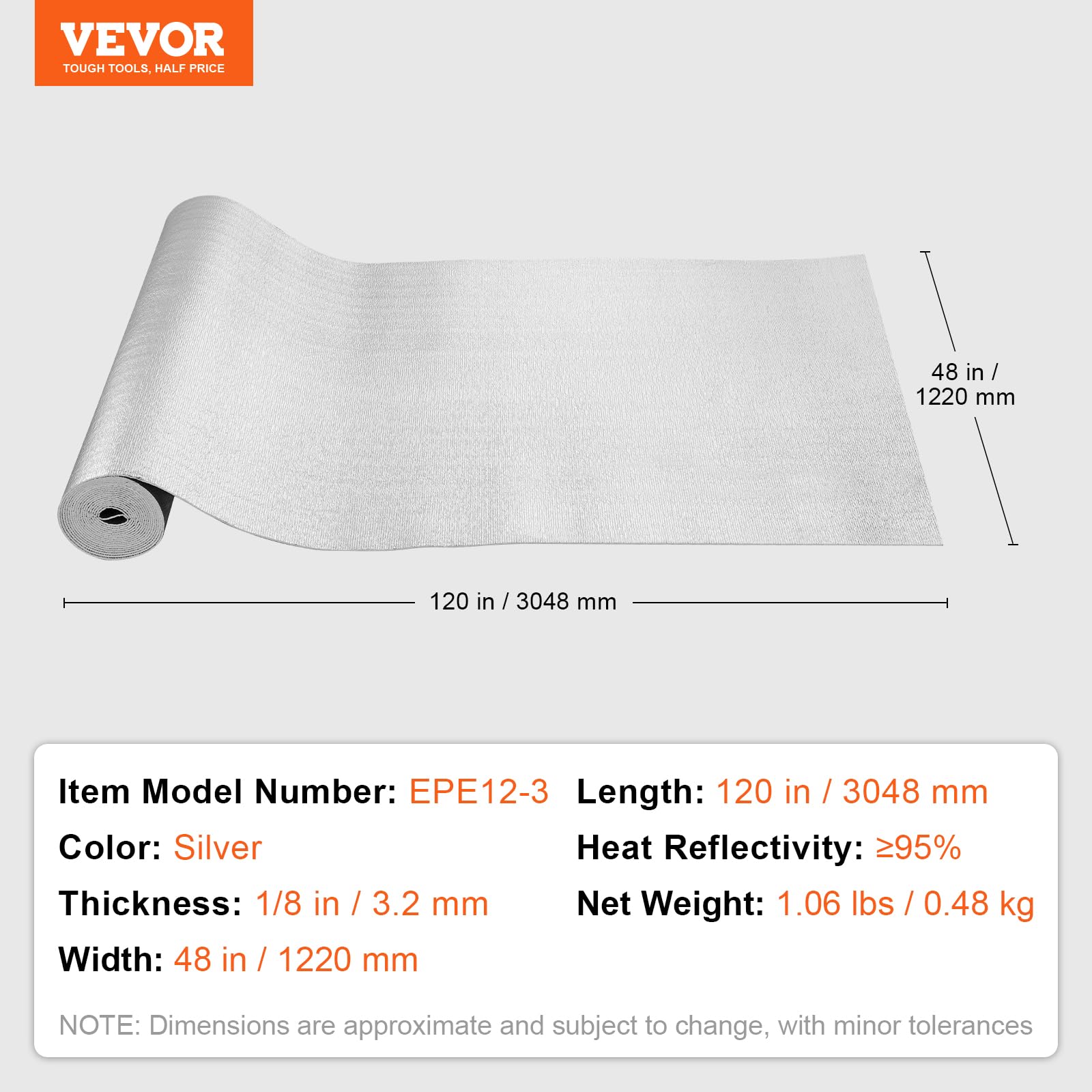VEVOR Aislamiento Térmico Reflectante Doble Rollo de Aislamiento Barrera Radiante 3 x 1,22 m Núcleo de Espuma EPE Espesor de 3,2 mm Lámina de Aluminio Doble Cara para Ventana, Techo de RV
