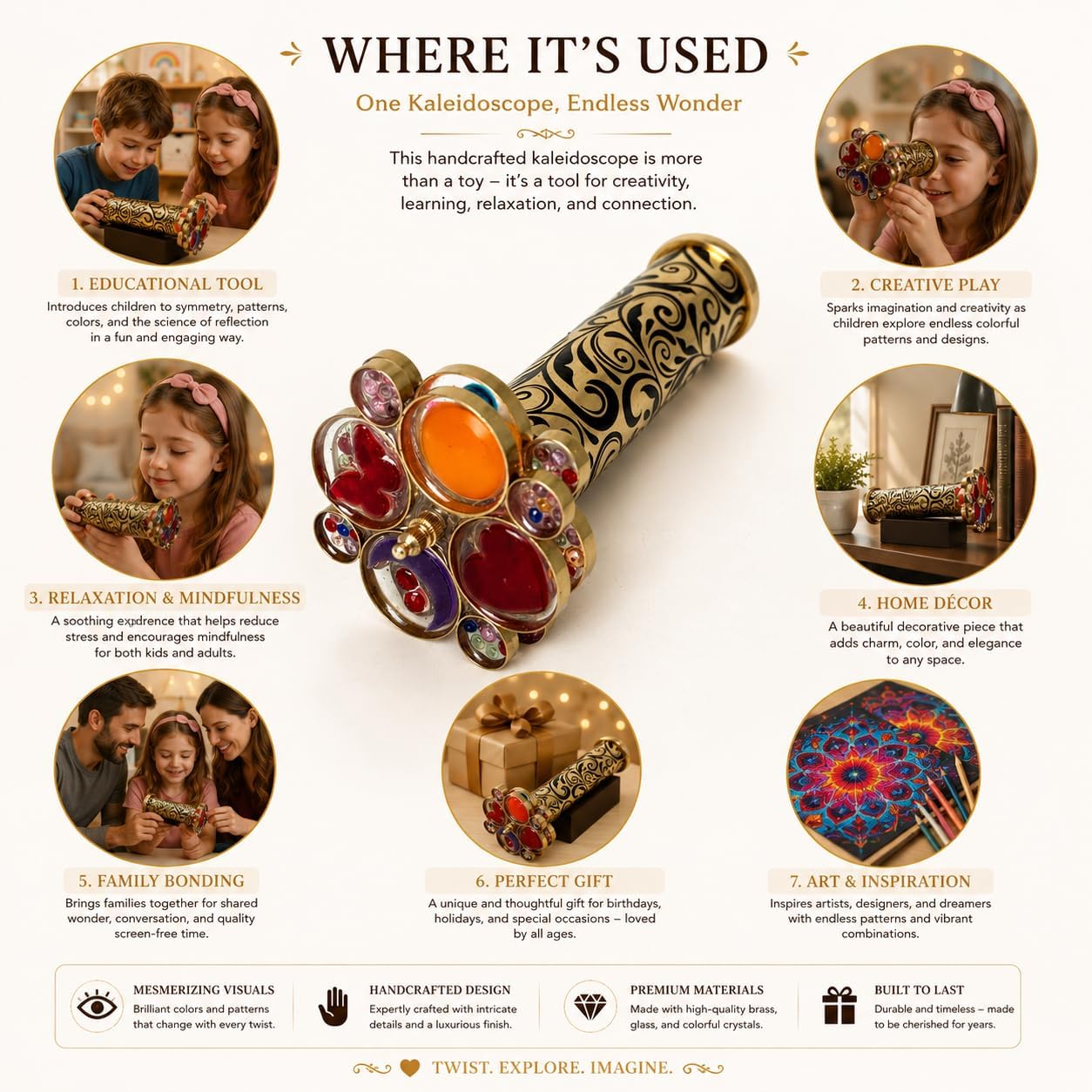 Handcrafted Etched Lacquered Brass Kaleidoscope | Floral Engraved with Dual Separate Turning Wheels | Vintage Decorative Gift (7”x1.5”) image 2
