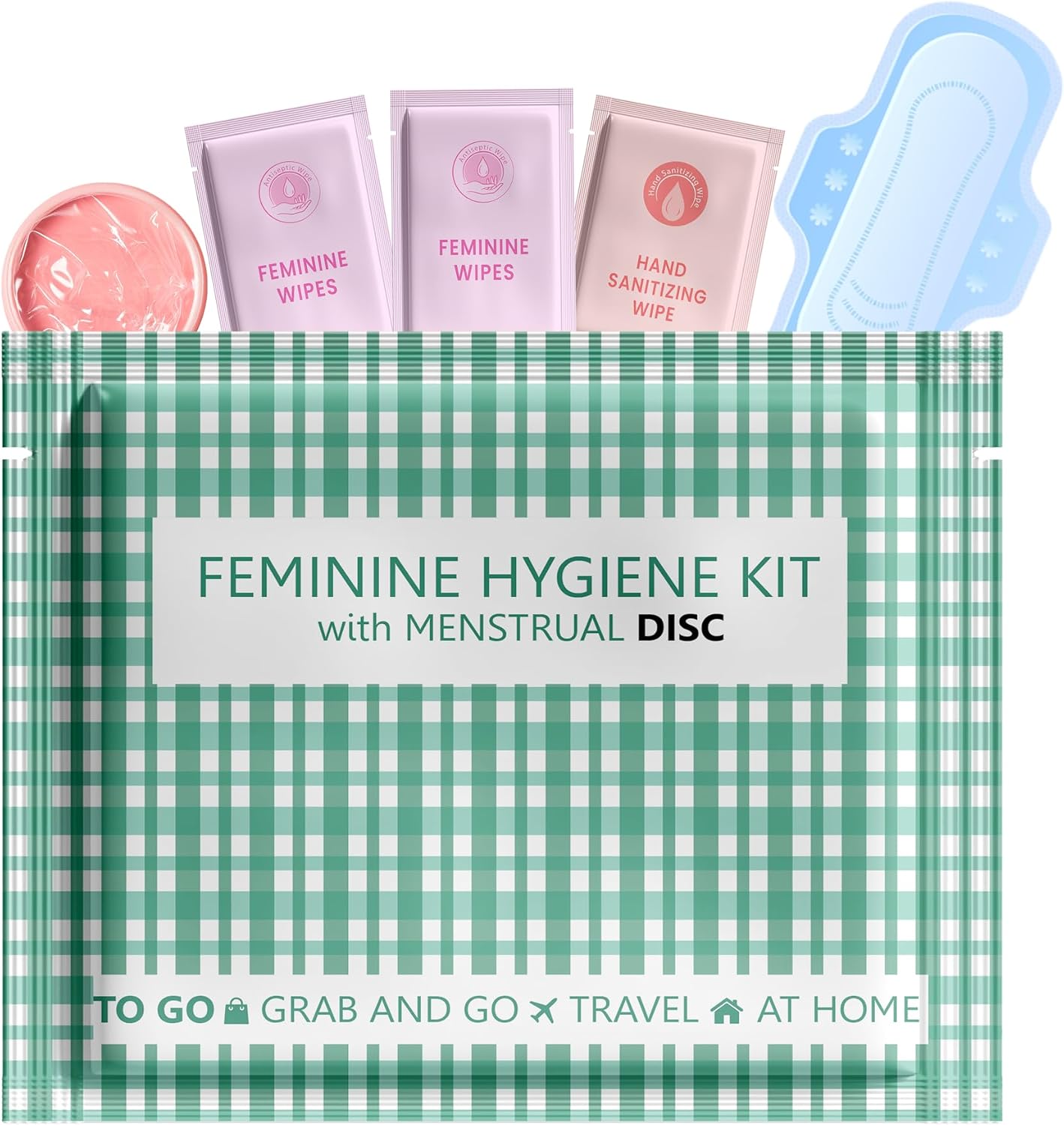 Menstrual Disc Kit with Pad – Single Pack | Convenient On-The-Go Period Essentials | Includes Pads, Feminine Wipes, and Hand Wipe for Complete Hygiene Care (Green Plaid)