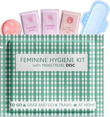 Menstrual Disc Kit with Pad Single Pack | Convenient On-The-Go Period Essentials | Includes Pads, Feminine Wipes, and Hand Wipe for Complete Hygiene Care (Green Plaid)