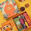 Jumbo Happy Rakhi Gift Hamper - 10-Item Raksha Bandhan Gift for Brother – Dry-Fruit Chocolate Laddoos, Chocolate Cashews, Evil Eye Rakhi with Roli-Chawal, Millet Namkeen & more | Premium Gift Hamper Combo Set gallery image