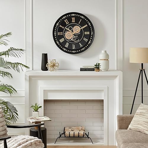 Miniatura 6 de CLXEAST Reloj de pared de 24 pulgadas con engranajes móviles, relojes de pared con números romanos de oro negro para decoración moderna de sala de