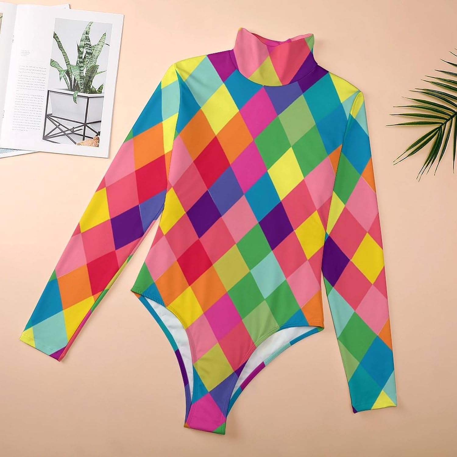 Colorful Harlequin Women's Long Sleeve Bodycon Romper Turtleneck Leotard Thong Top