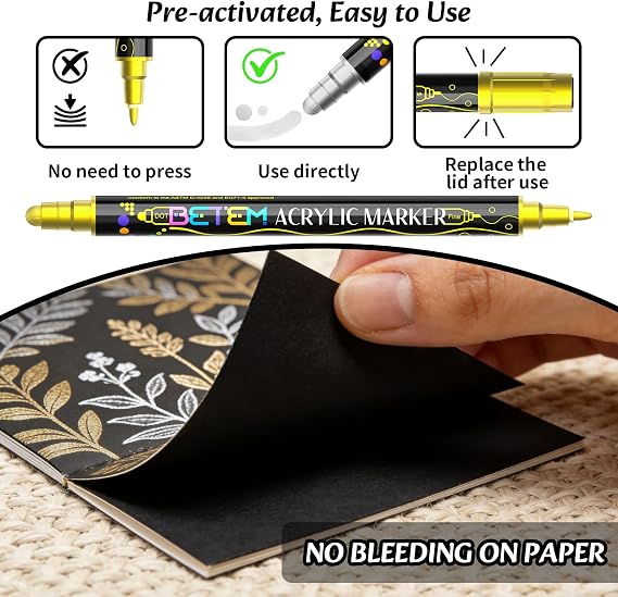 Betem 6 Gold&Silver Dual Tip Acrylic Paint Markers, Fabric Decorating Kits Premium Water-Based Acrylic Paint Pens Art Supplies for Fabric, Rock, Wood, Glass, Canvas, Ceramic, Teacher Appreciation Gift
