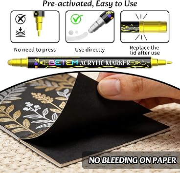 Betem 6 Gold&Silver Dual Tip Acrylic Paint Markers, Fabric Decorating Kits Premium Water-Based Acrylic Paint Pens Art Supplies for Fabric, Rock, Wood, Glass, Canvas, Ceramic, Teacher Appreciation Gift