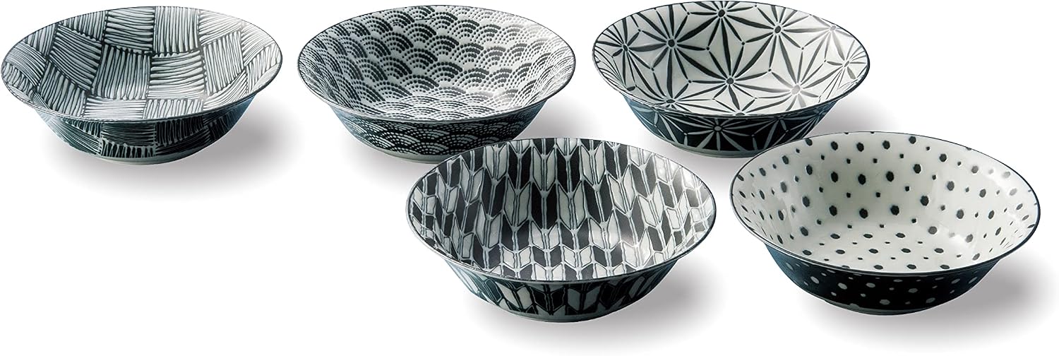 アワサカ Awasaka 7-1962 Komon Large Bowl Set, Black, 4.3 x 7.7 x 7.5 inches (11 x 19.5 x 19 cm)