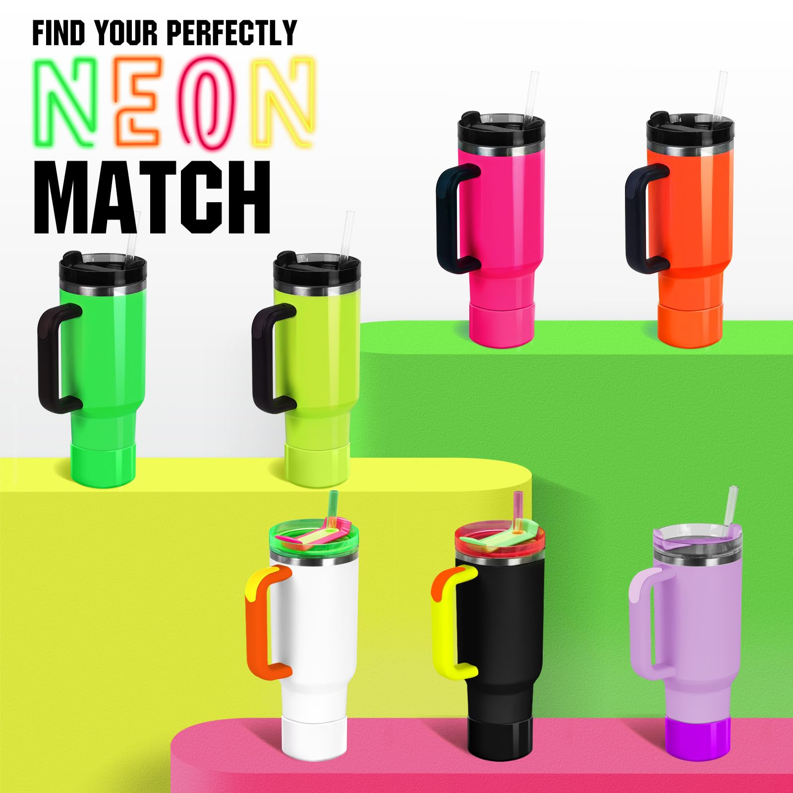 2Pcs Neon Protective Silicone Boot for Stanley Cup 20-40oz, Hydro Flask 12-24oz & Simple Modern 20-40oz, Antislip Sleeve for More Tumbler & Water Bottle with 2.8-2.95