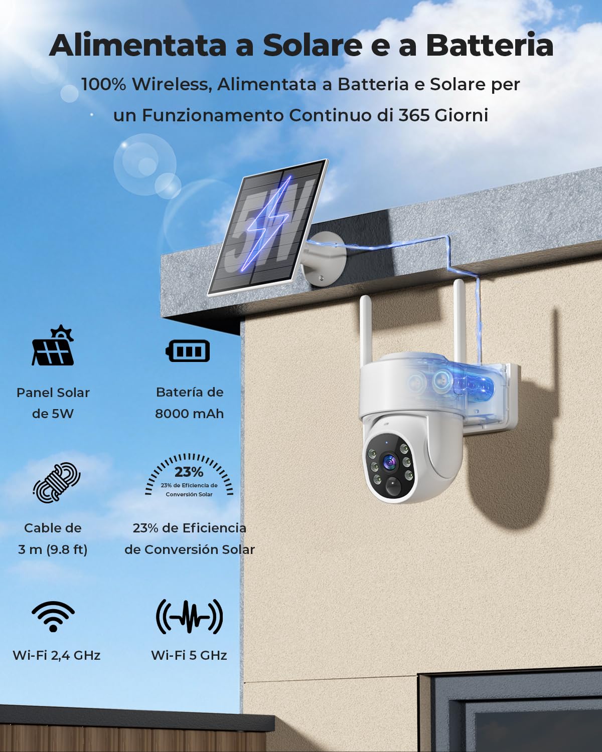 WESECUU Telecamera di Sorveglianza WiFi Esterna Senza Fili Solare 2.5K 4MP con Pannello Solare 5W, 2K QHD, Batteria 8000mAh, Wi-Fi 2.4G e 5GHz, PTZ 360° Seguimento Automatico, IP66, Rilevazione PIR