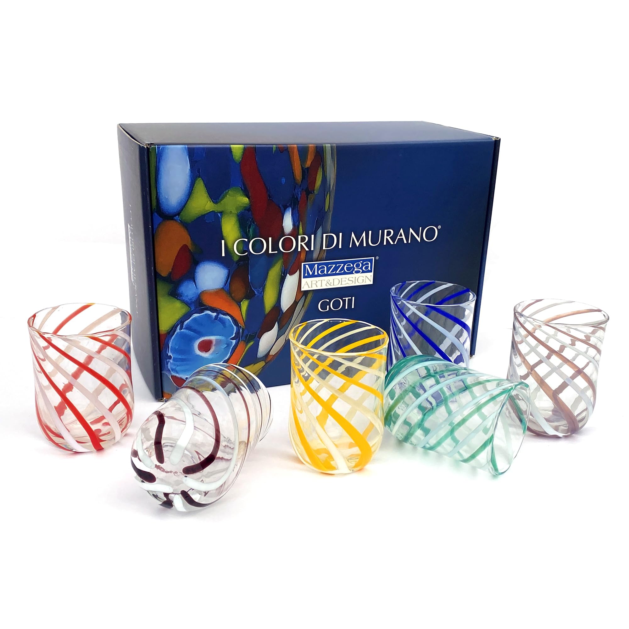 MAZZEGA ART & DESIGN - 6 szklanek na wodę - Cylinder SPIRAL - ze szkła, dmuchane i ręcznie wykonane ze szkła murano, 400 ml - Made in Italy (6, MIX-SR)