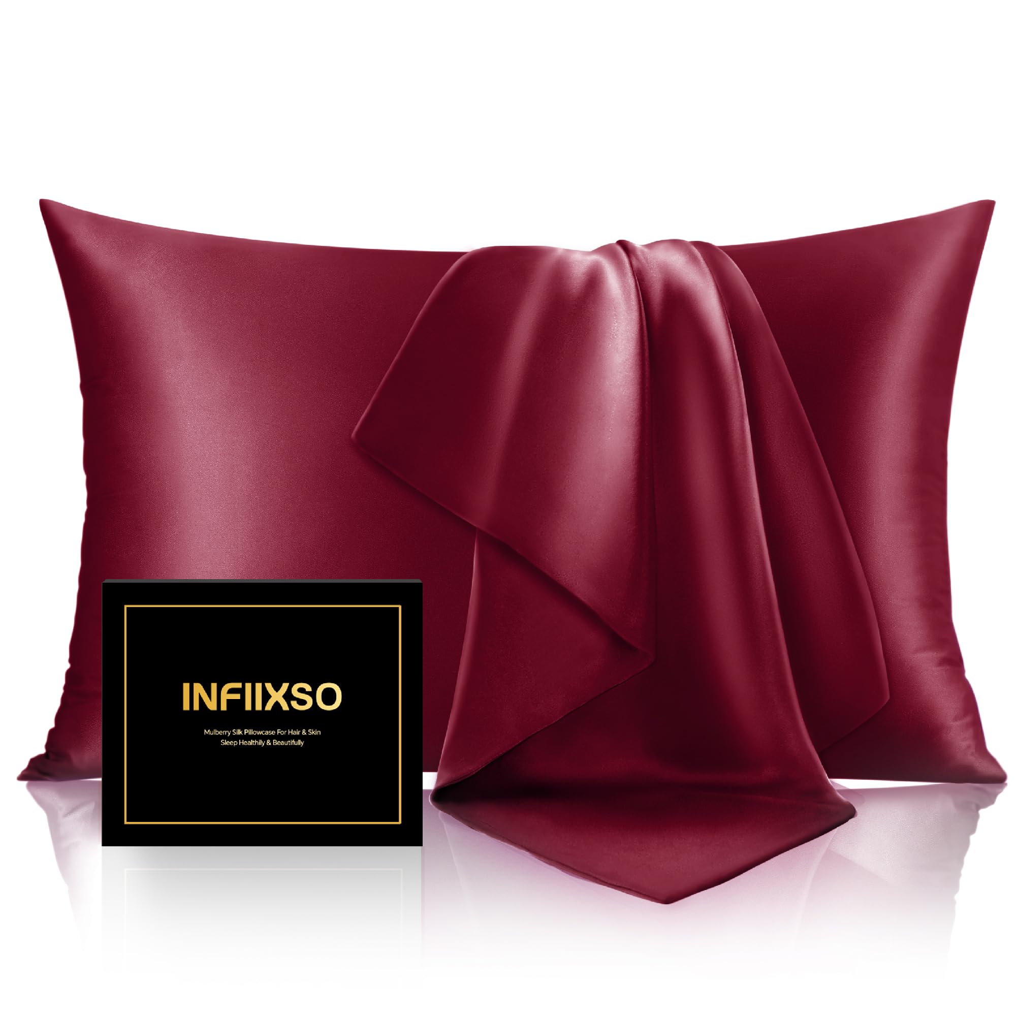 INFIIXSO Mulberry Silk Pillowcase for Hair and Skin, Silk Pillow Cases King Size with Hidden Zipper 20x40 Inches, Super Smooth and Soft Cooling Pillow Cases for Hot Sleepers(Burgundy, 1 Pack)