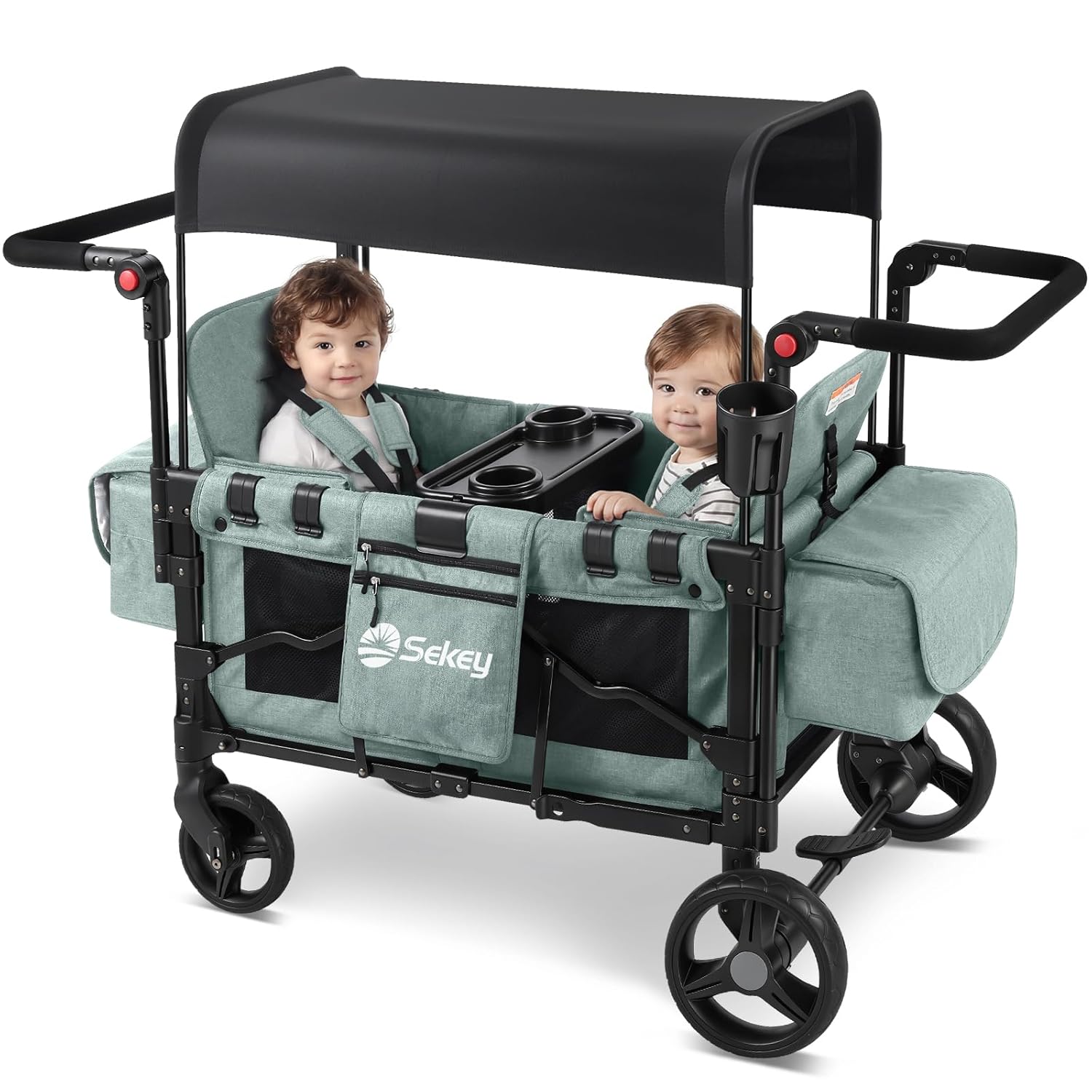 Sekey Wagon Stroller for 2 Kids, Luxury 4-in-1 Stroller Wagon - Premium Quality with Convertible Seats, Adjustable Push Handles, Removable Canopy, Cup Holder, Snack Tray & Cooler, US Certified.