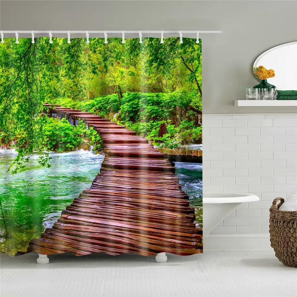 Rideau de douche imperméable 130 x 180 paysage naturel cascade et forêt 3D