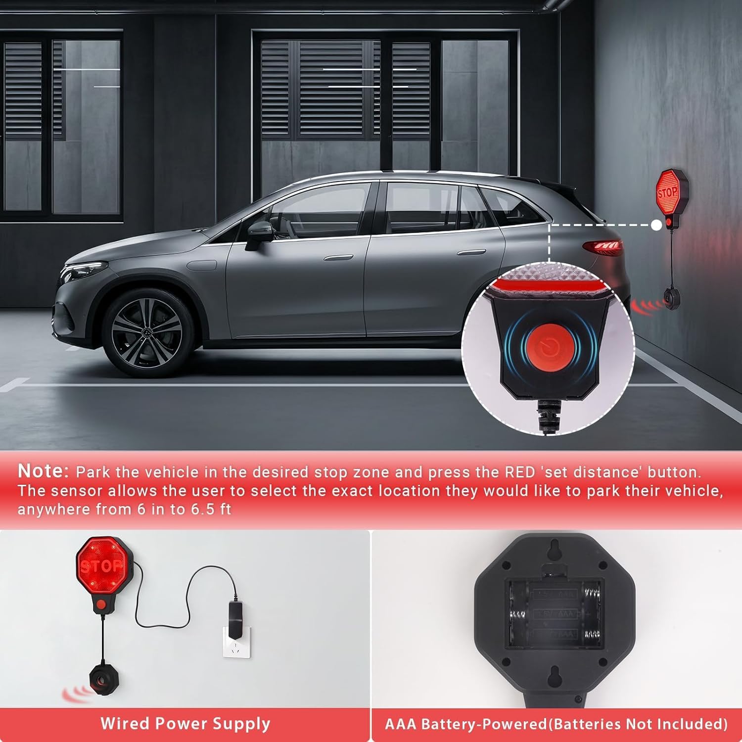 Garage Parking Sensor, Adjustable Garage Car Stop Indicator with Red/Yellow/Green LED Display, Set Stop Distance 6"–6 Ft, Battery (Not Included) or Power Cord Powered (Black)