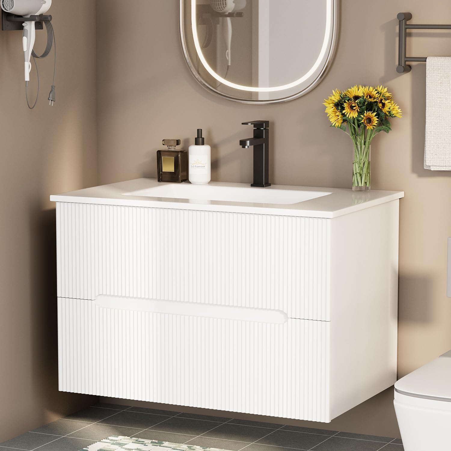EROMMY 30 Inch Bathroom Vanity with Sink, Floating Bathroom Vanity with Ceramic Basin, Wall Mounted Fluted Bathroom Sink Cabinet Set with 2 Soft-Close Drawers, Faucet & Pop Up Drain, White