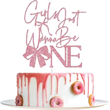Girls Just Wanna Be One Cake Topper, Pink Bow First Birthday Cake Topper, Sweet One, Bow Girls 1st Birthday Party Decorations Glitter