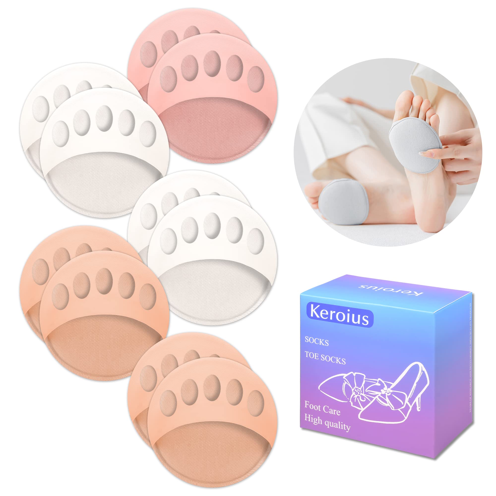Honeycomb Fabric Forefoot Pads Breathable Soft Ball of Foot Cushion Pads, Invisible Women's Half Liner Socks Mat for Flats High Heels (5Pairs(2beige-2white-pink))