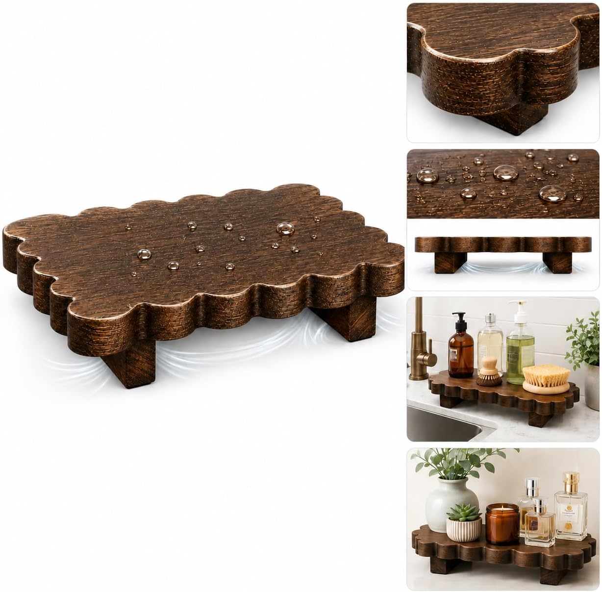 Scalloped Wood Riser Soap Tray for Bathroom Counter Decor, 12×7"