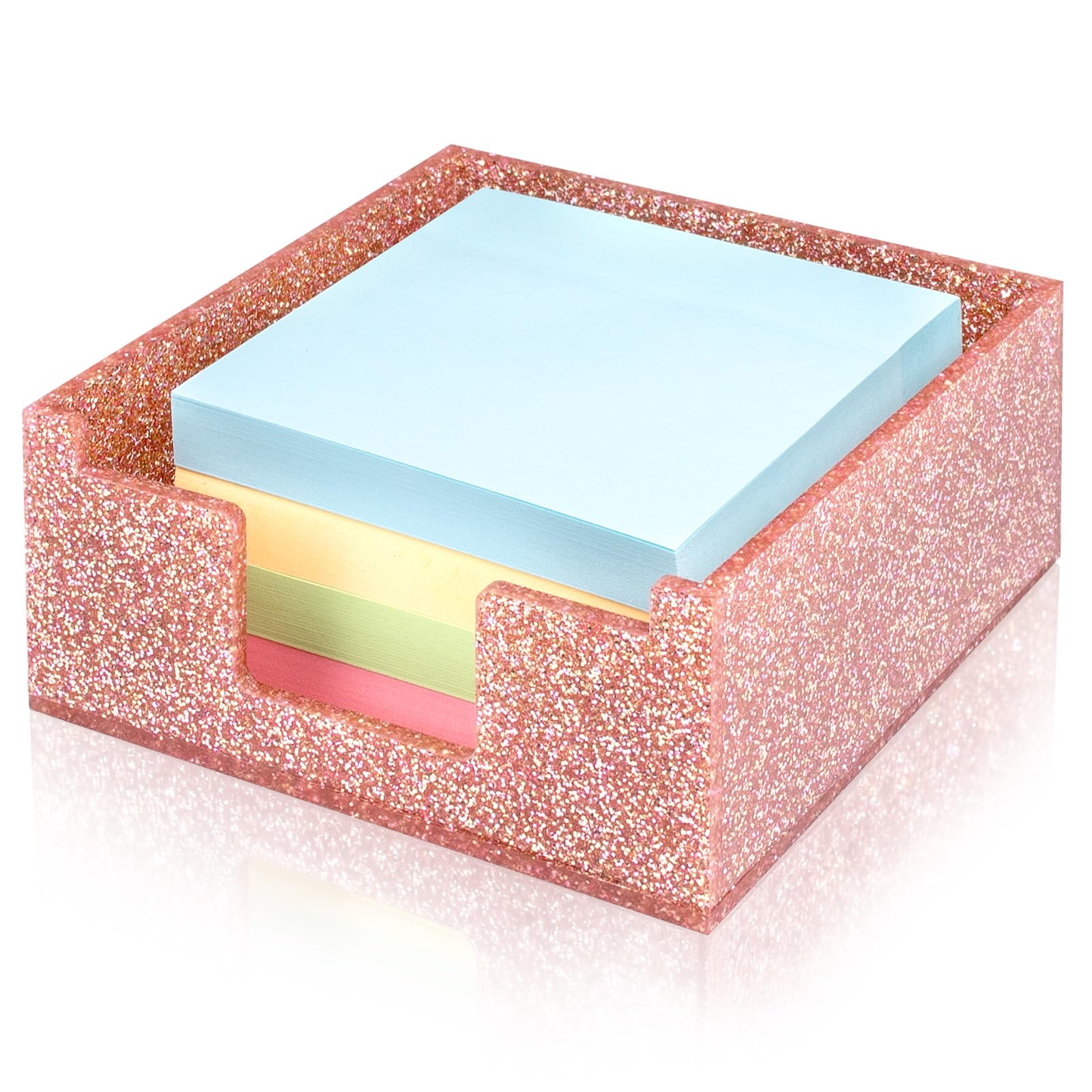 Luminzo Acrylic Sticky Note Holder 4x4in Tray for Desk, Light Pink Glitter