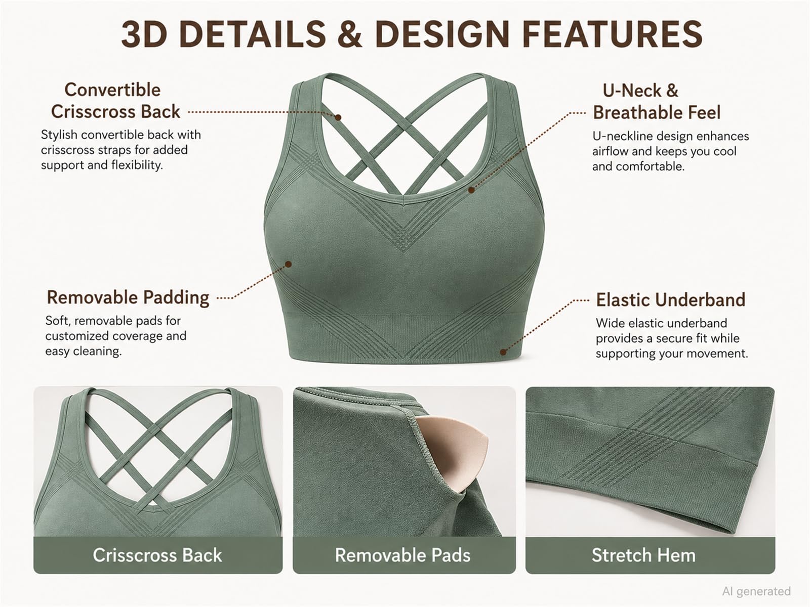 Reggiseno sportivo da donna senza cuciture, supporto medio, incrociato | Morbida sensazione senza cuciture, coppe rimovibili, fascia elastica inferiore, asciugatura all'aria per la cura della forma