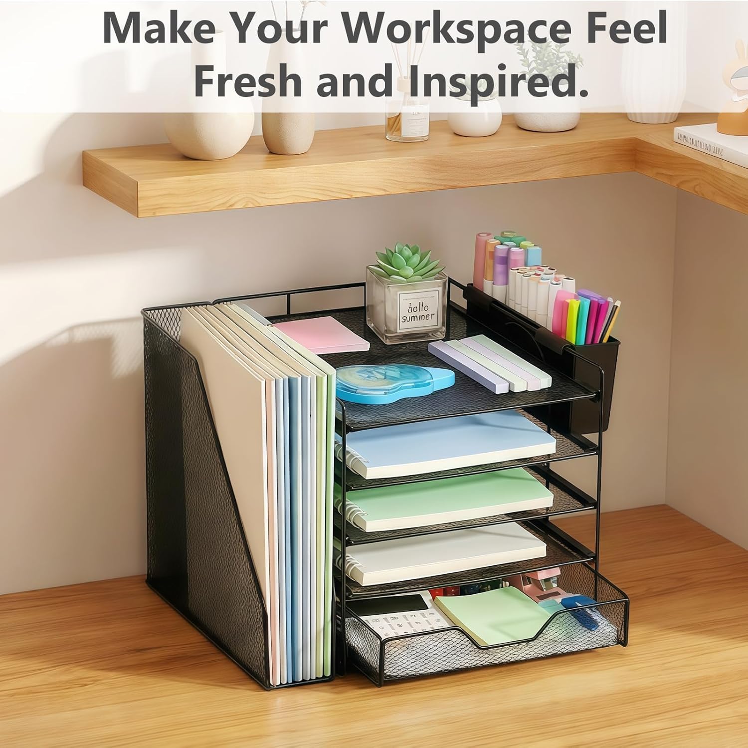 Desk Organizer, 5-Tier Paper Letter Tray Organizer with File Holder, Drawer and Pen Holder, Desktop Organizer for Office Supplies, Black - Image 7