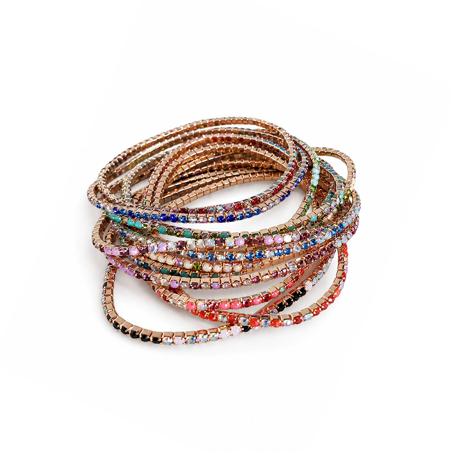 vama FASHIONS 12 Pcs 18K Rose Gold Plated Anti Tarnish Mix Multicolor Rhinestone Elastic stretchable Hand Cuff Bracelets Bangle Wrist Armlet Rainbow Stone Bracelet Set For Women & Girls-picture-53