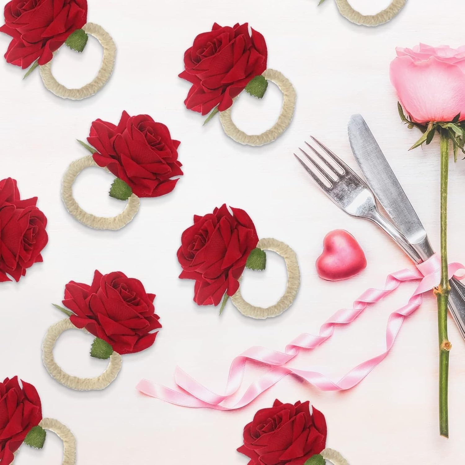 Set of 24 Red Napkin Rings Red Rose Napkin Rings Handicraft Flower Pink Flower Napkin Holder Wedding Napkin Holder Table Decoration for Mother Day Party