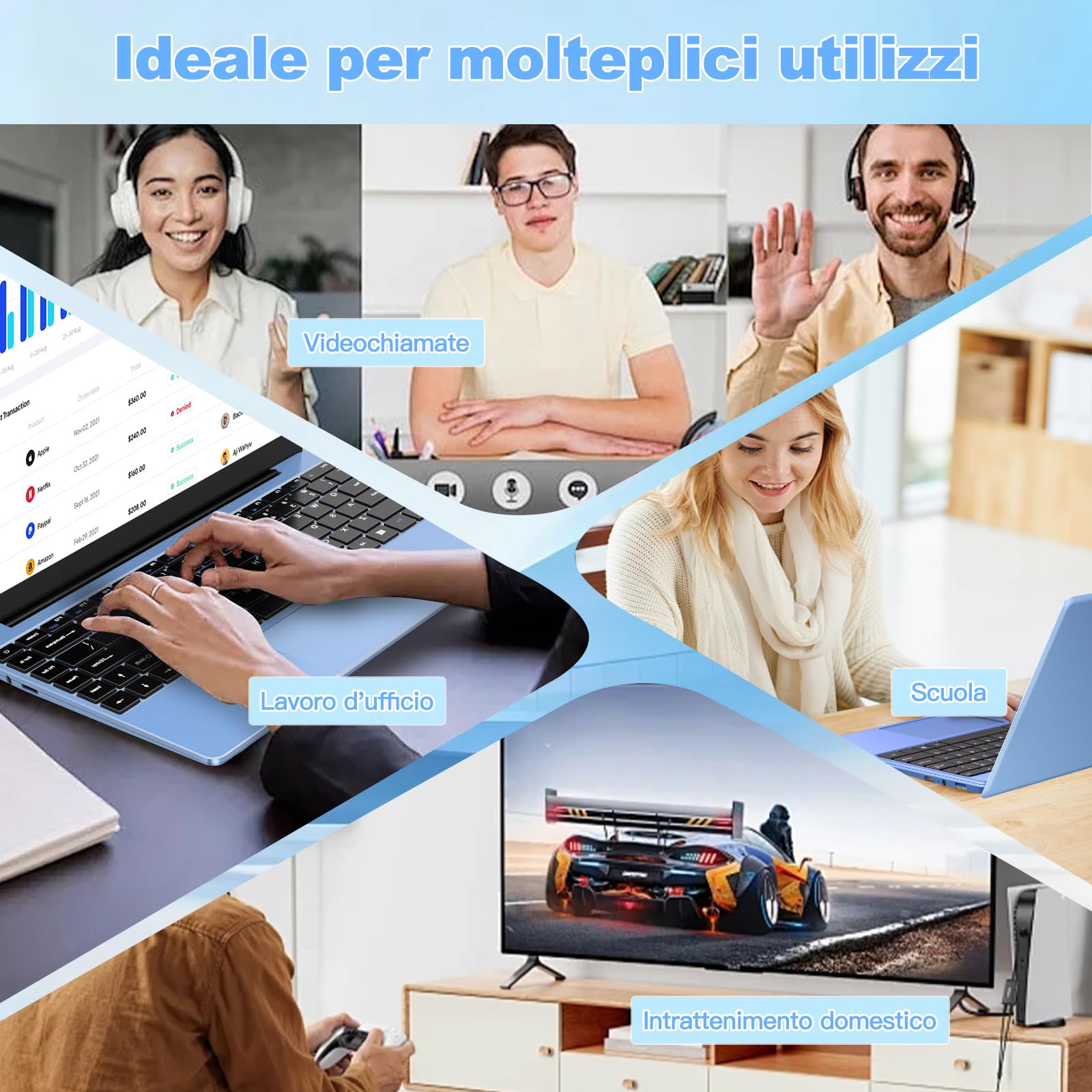 bvate PC Portatile 14 Pollici Notebook Win 11 Computer 256GB 1080P 2.4G+5G Supporta La Scheda SSD La Scheda TF Estesa, Wireless Bluetooth Mouse Wifi, Italiana Tastiera -Blu