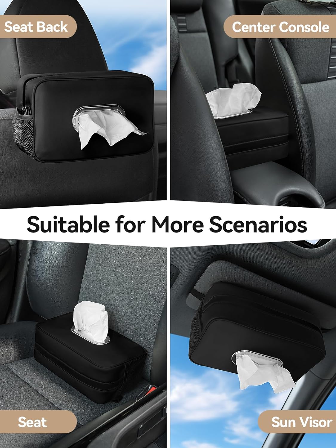 2Pack Multi-Functional Car Tissue Holder with ‌2 Tuck Nets, Upgraded PU Leather Tissue Box Cover, Large Rectangle Napkin Storage Organizer, Keep Car Tidy, Black