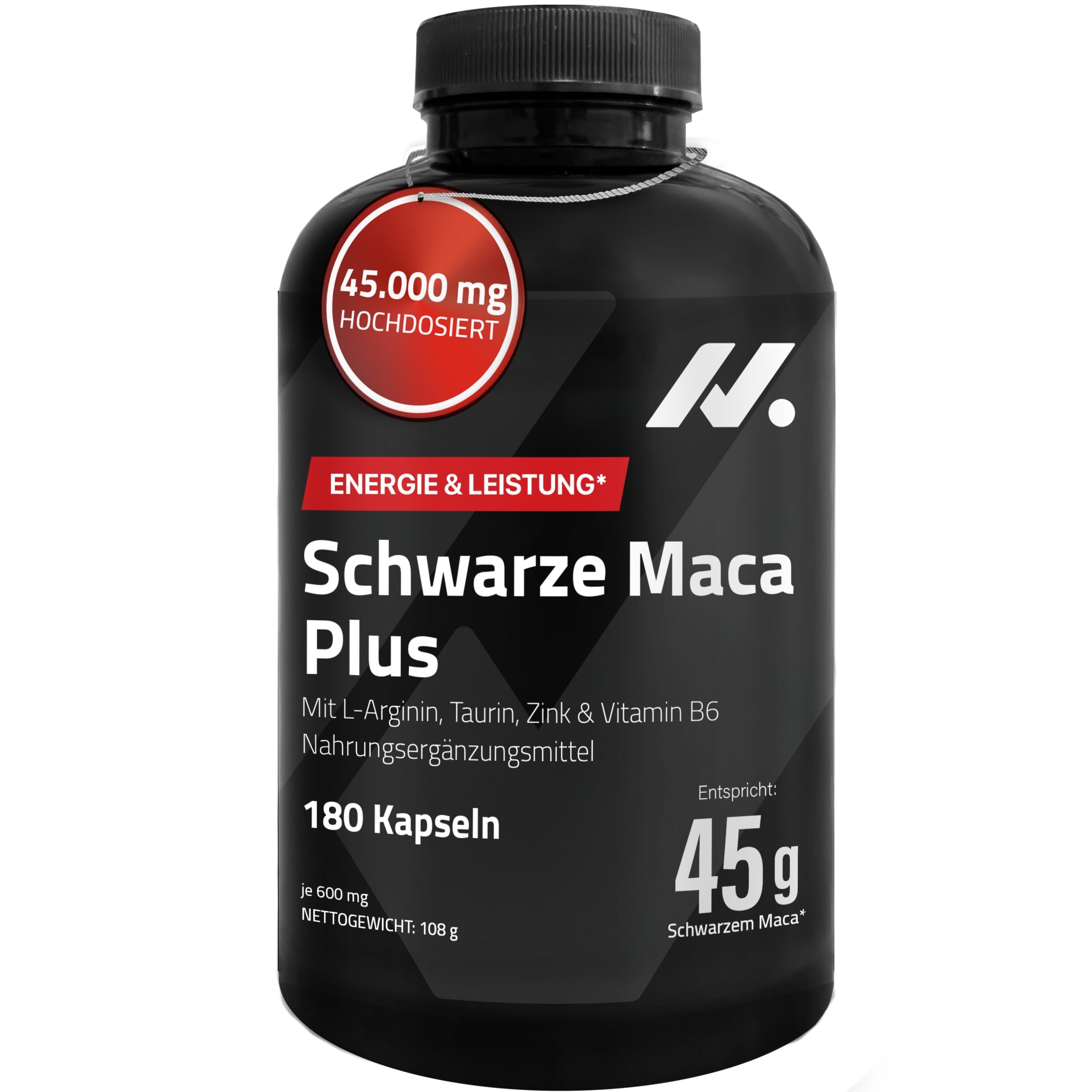 Maca Schwarz Hochdosiert – 45.000 mg Äquivalent (100:1 Extrakt) mit Zink, Calzium, Vitamin B6, L-Arginin & Taurin – 180 Vegane Maca Kapseln – Ohne Koffein, Gluten- & Laktosefrei