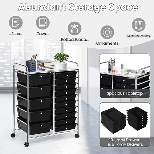 Miniatura 6 de Carrito de almacenamiento con ruedas de 15 cajones, organizador de manualidades con ruedas bloqueables para herramientas, artes, álbumes de