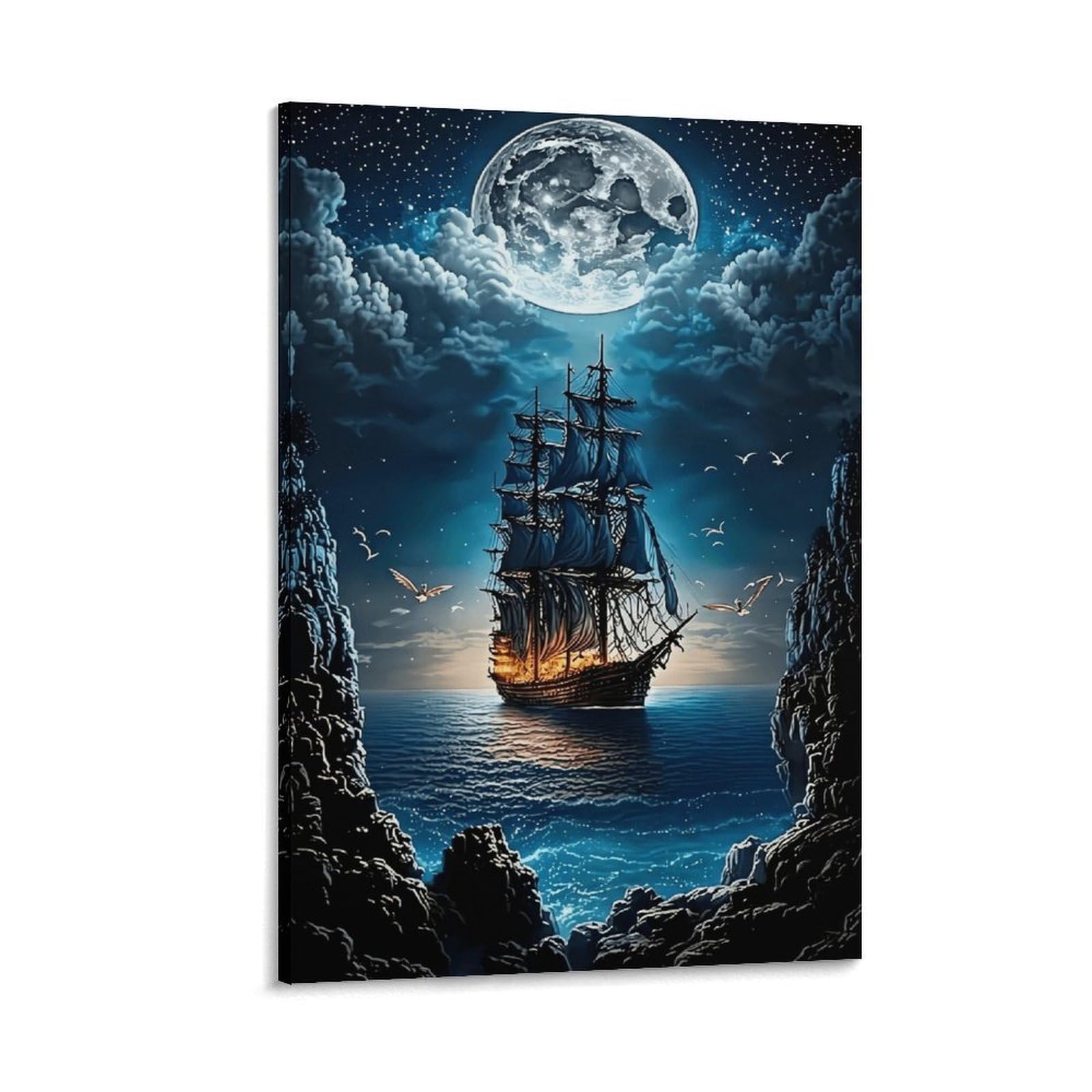 XPASHIQWC Moonlit Ghost Ship Wall Decor Poster Ocean Giclee Canvas Prints Modern Wall Art Picture Wall Hanging for Home Decorations 20x30inch(50x75cm)