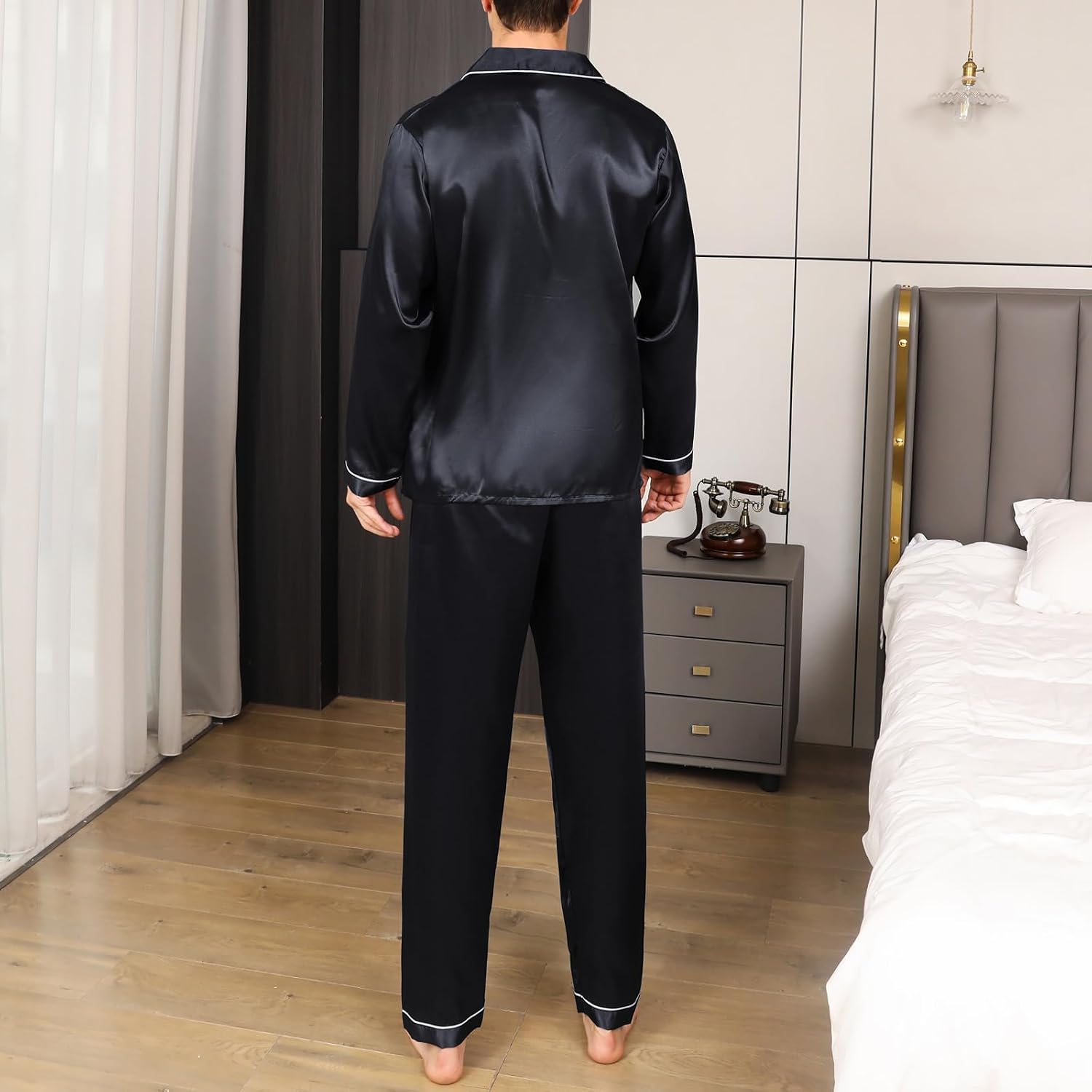 Satin Silky Men's Pajama Sets Long Sleeve Classic Sleepwear with Pockets Long Pants Lounge Set Pj Set Loungewear
