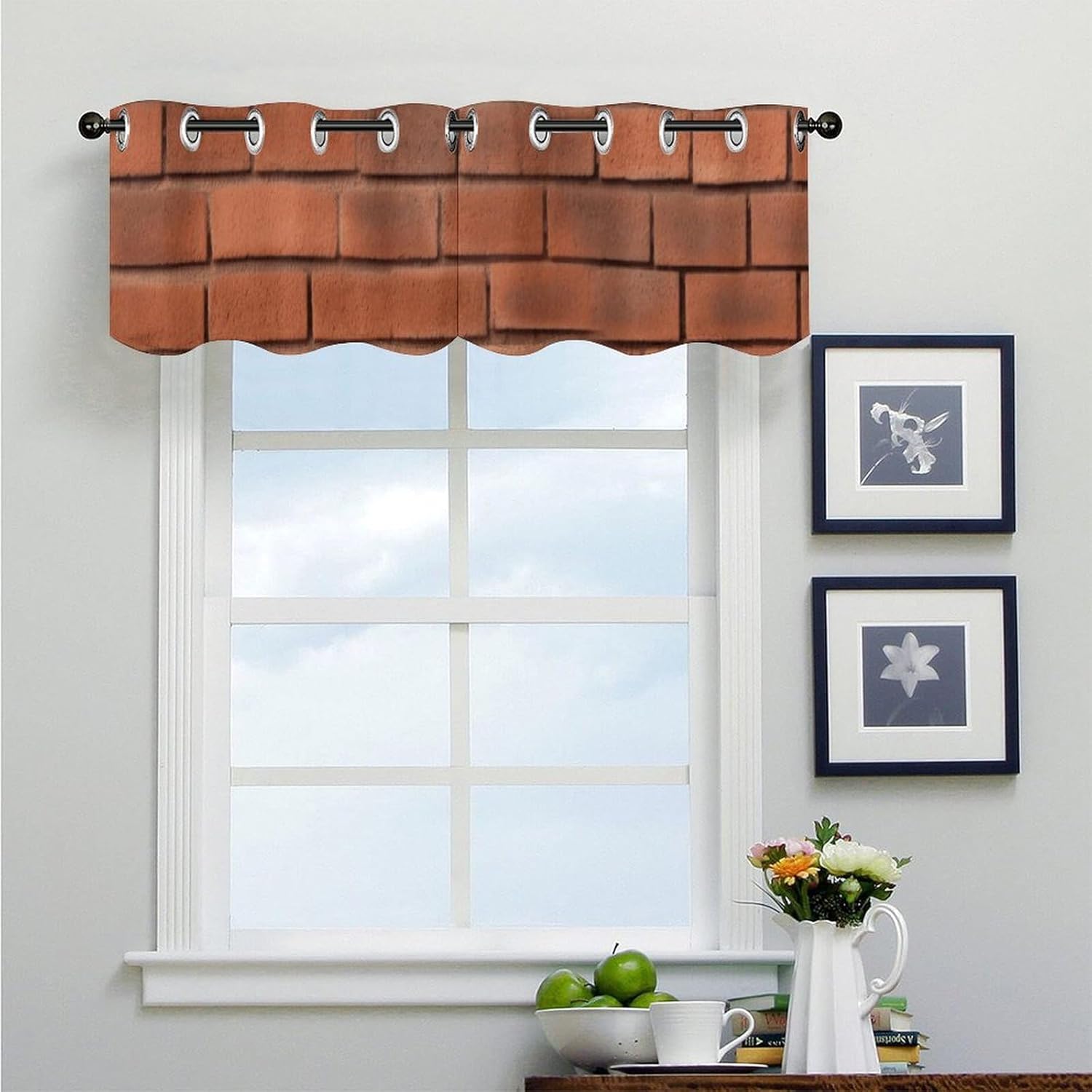 Red Brick Wall Texture Valances for Window 2 Panels. Light Filtering Curtains Farmhouse Short Small Valance.Modern Curtains for Windows Living Room Kitchen Over Sink.