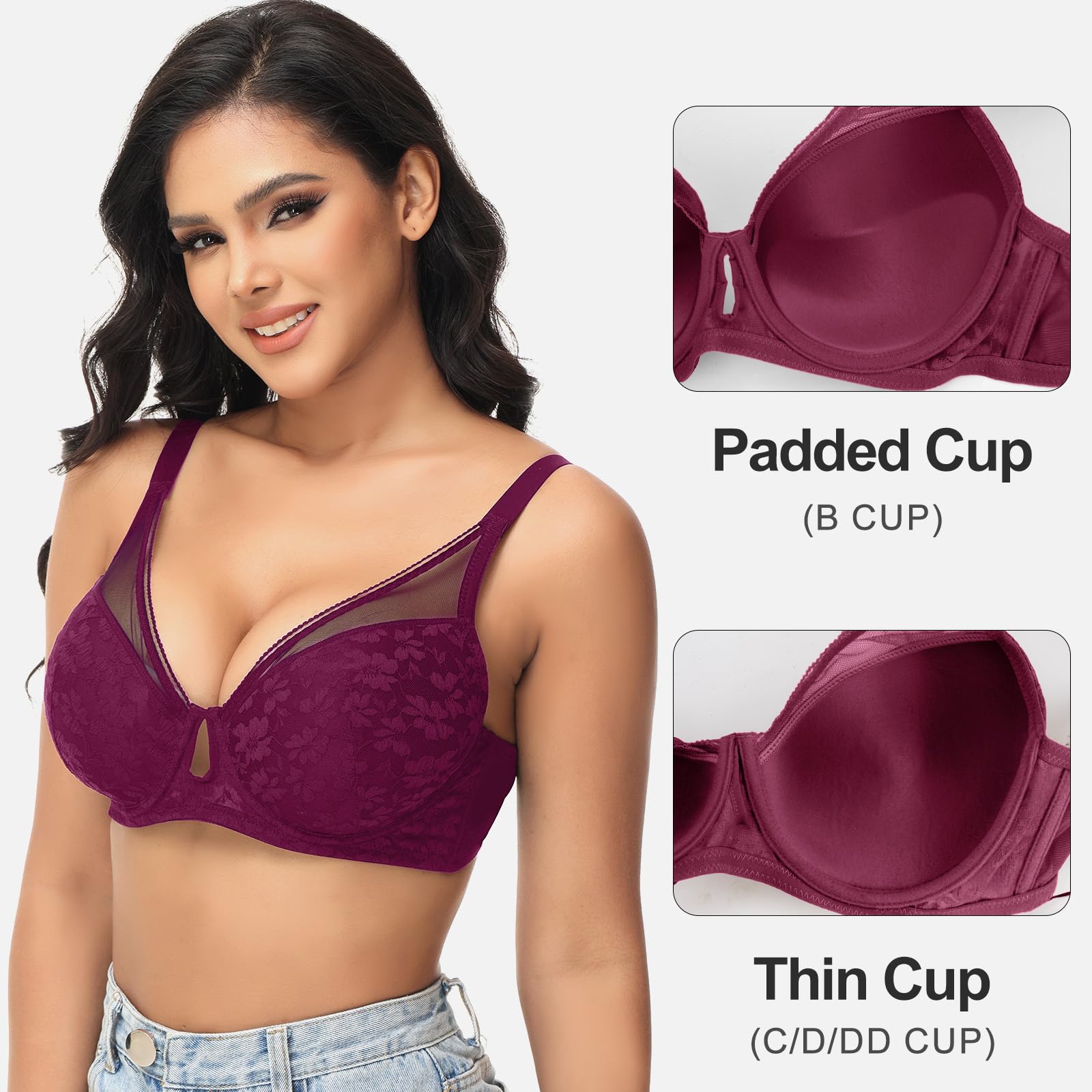 FallSweet Sujetador Escote Profundo Push up de Encaje para Mujer Push Up Sujetador con Aros Acolchado Añade una Copa Sujetador Sexy