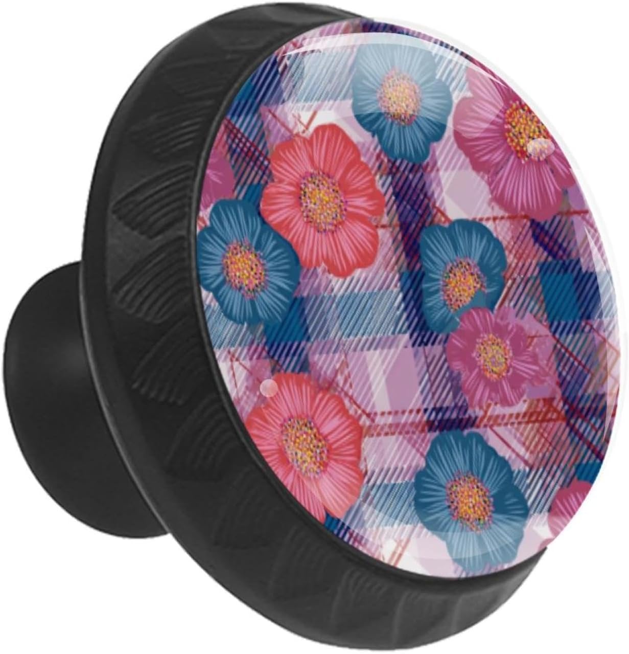 Black Plaid Pattern Retro Flower (3) Pattern Cabinet Knobs, Decorative Drawer Pulls for Kitchen Cabinet, Furniture Hardware for Cupboard Closet Bedroom