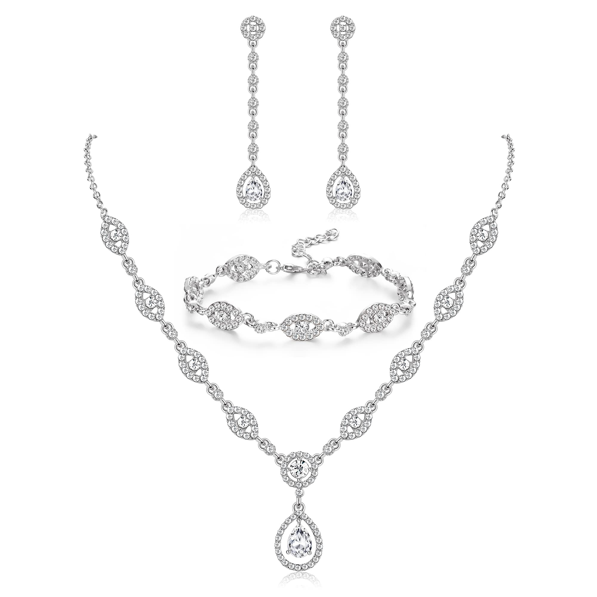 YADOCA Wedding Bridal Jewelry Set For Women Silver Prom Costume Jewelry Sets Rhinestone Crystal Teardrop Necklace Earrings Bracelet Bridesmaid Jewelry Accessories Blue Silver Red Rose Gold