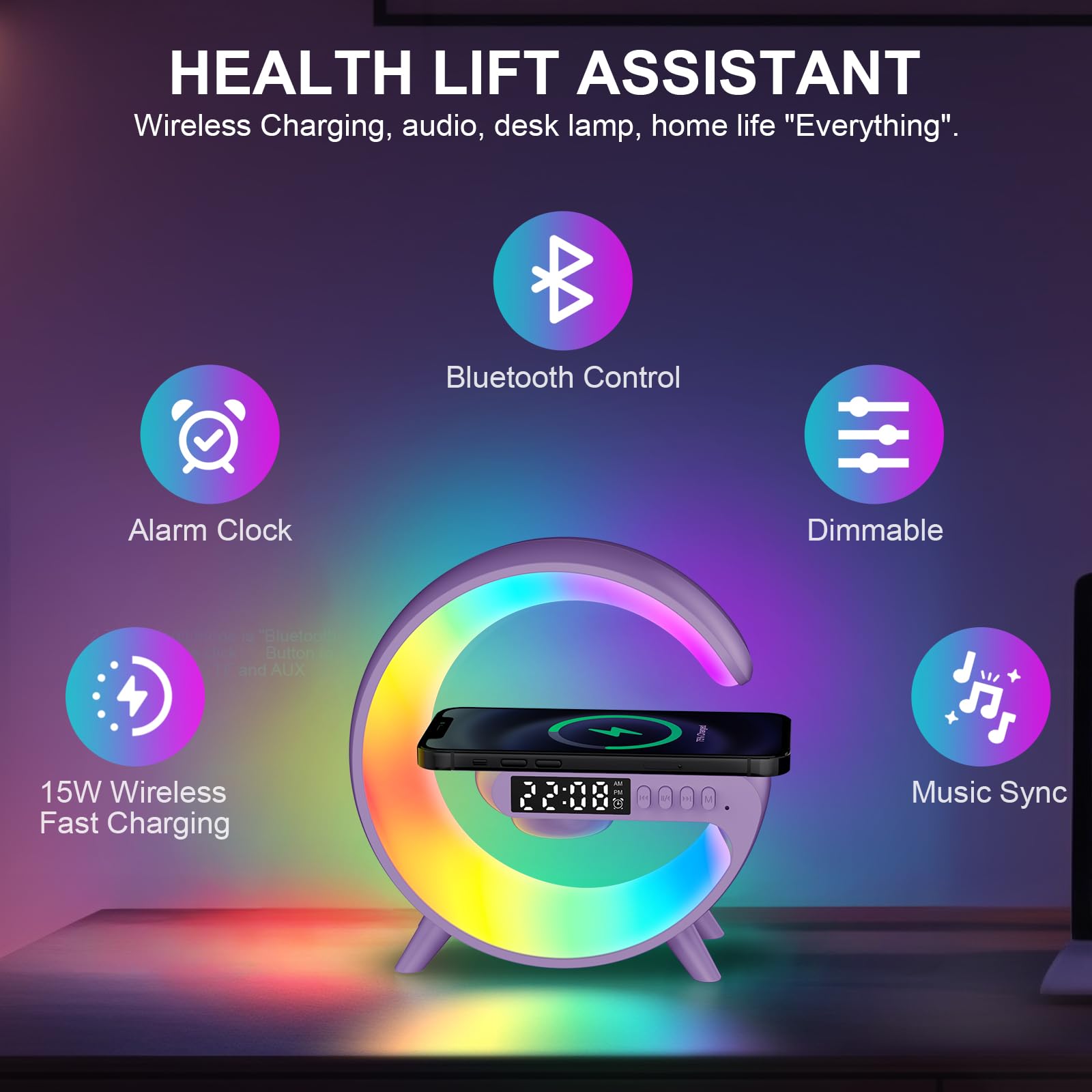 Tageslichtwecker, Lichtwecker Sonnenaufgang Wecker mit Licht, Wake up Light, Wireless Charger Led Wecker Smart Tischlampe mit Bluetooth-Lautsprecher 13 Modi Lichter für Erwachsene Kinder Schlafzimmer