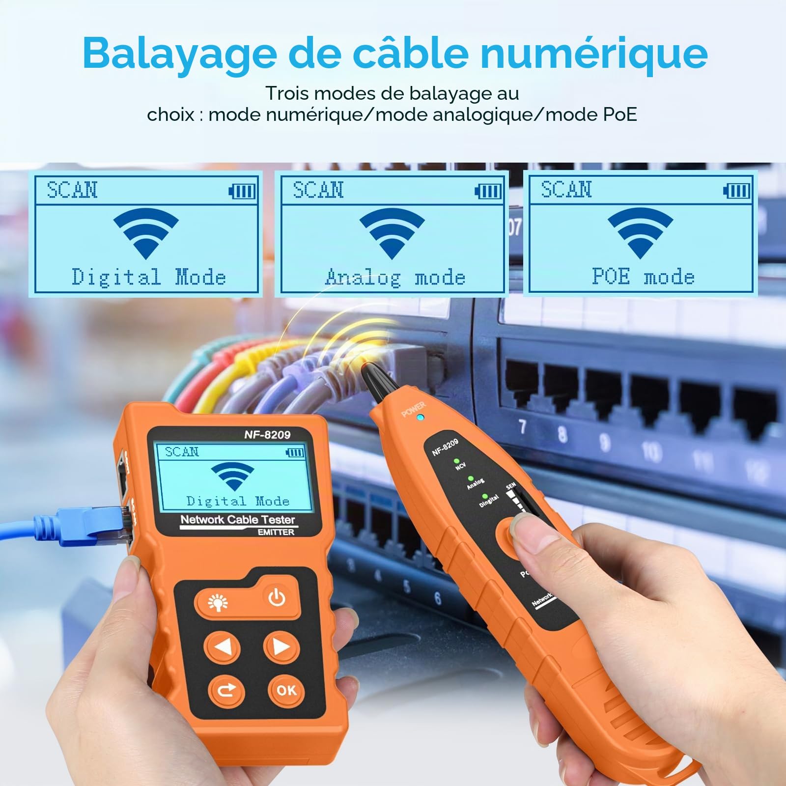 Testeur de câble avec traqueur de fil PoE multifonction pour câble réseau NF-8209 avec contrôle de câble LAN sans contact pour Cat5 Cat6 Tracker Underground Telephone Finder Outil