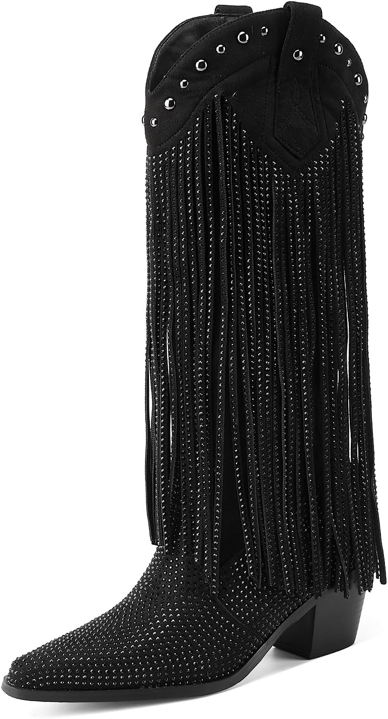 AIJIVOU Women's Rhinestone Fringe Cowgirl Boots, Sparkly Western Cowboy Boots Pointed Toe Knee Block Chunky Middle Heel Pull On Mid Calf Boots for Women Girl Party - Image 4