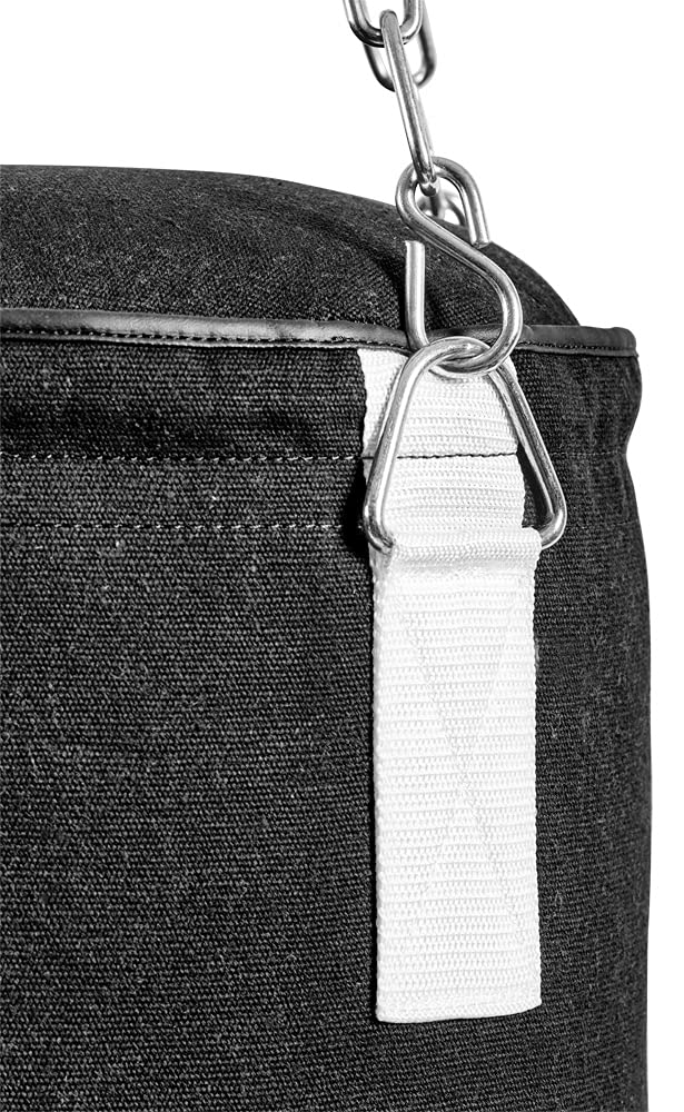 Bad Company Boxsack inkl. Heavy Duty Stahlkette I Canvas Punching Bag mit PVC-Target, gefüllt/ungefüllt I 100 x 30 cm I 120 x 30 cm - Schwarz/Weiß