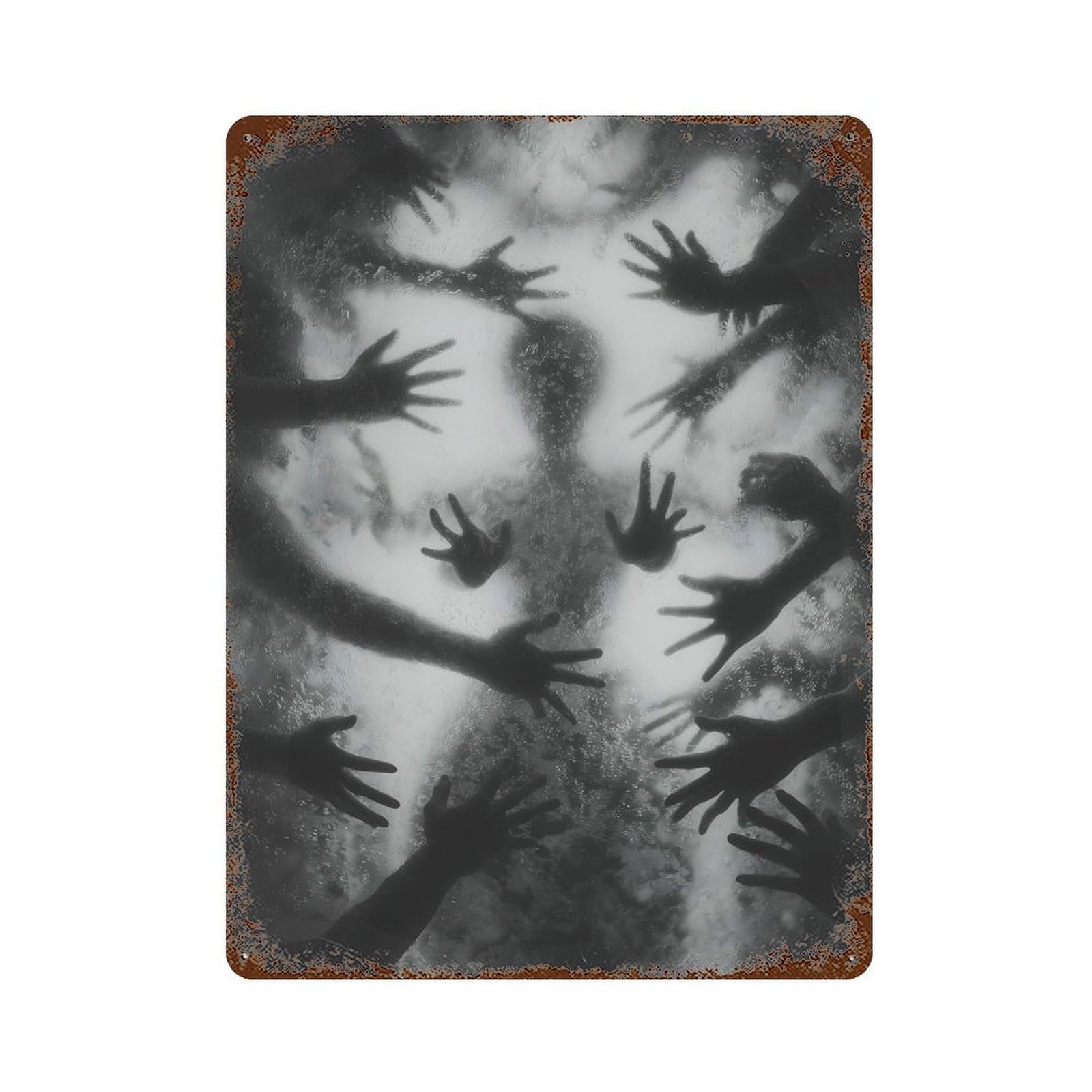 Distressed Metal Wall Sign Monochrome Silhouette with Reaching Hands 15.7"x11.8", Retro Wall Decor for Basement, Hobby Room And Garage Decor