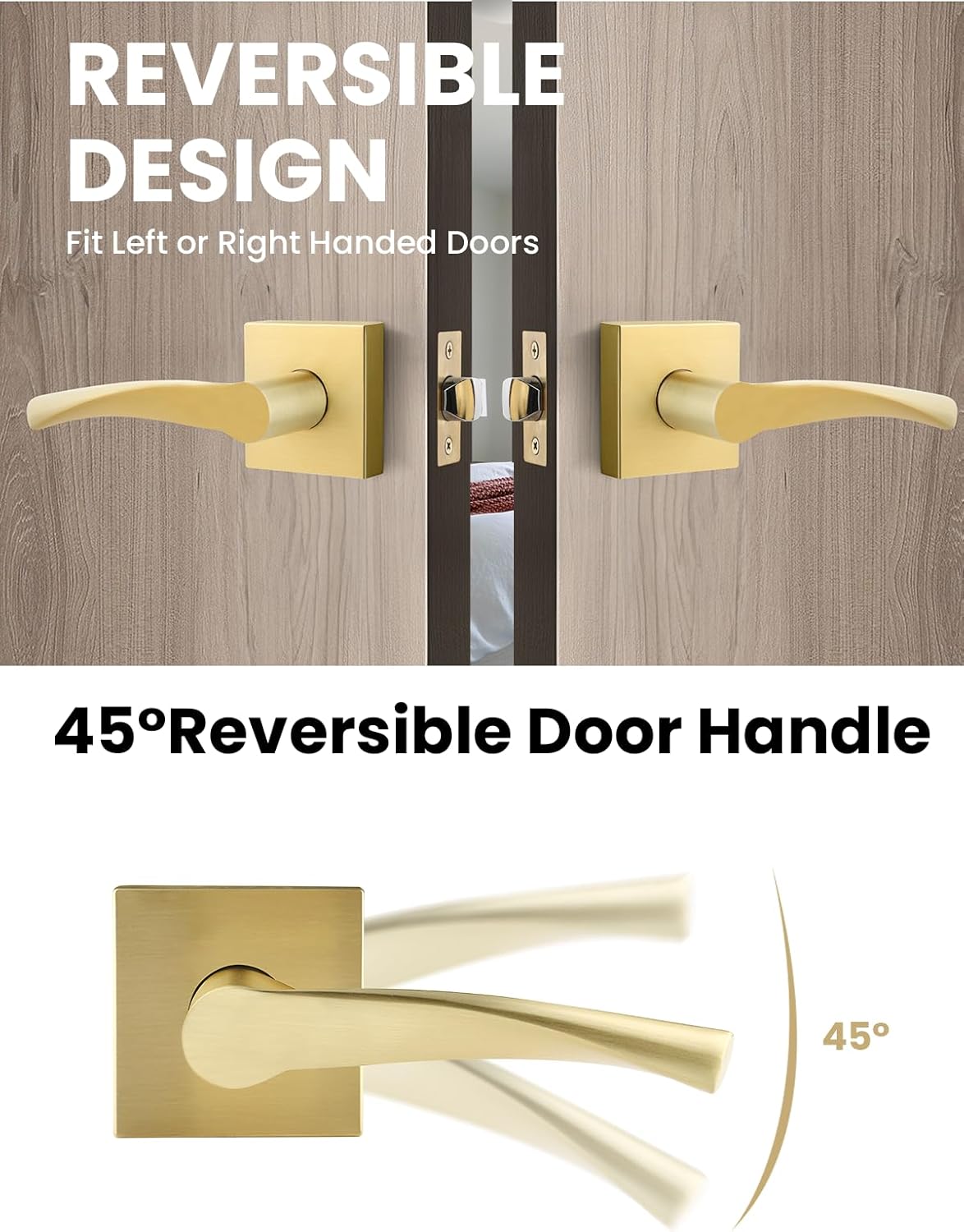 2 Pack Gold Interior Door Handle, Keyless Passage Door Handle for Hallway, Closet Door Knob No Lock, Reversible Door Lever for Left/Right Doors, Modern Square Design