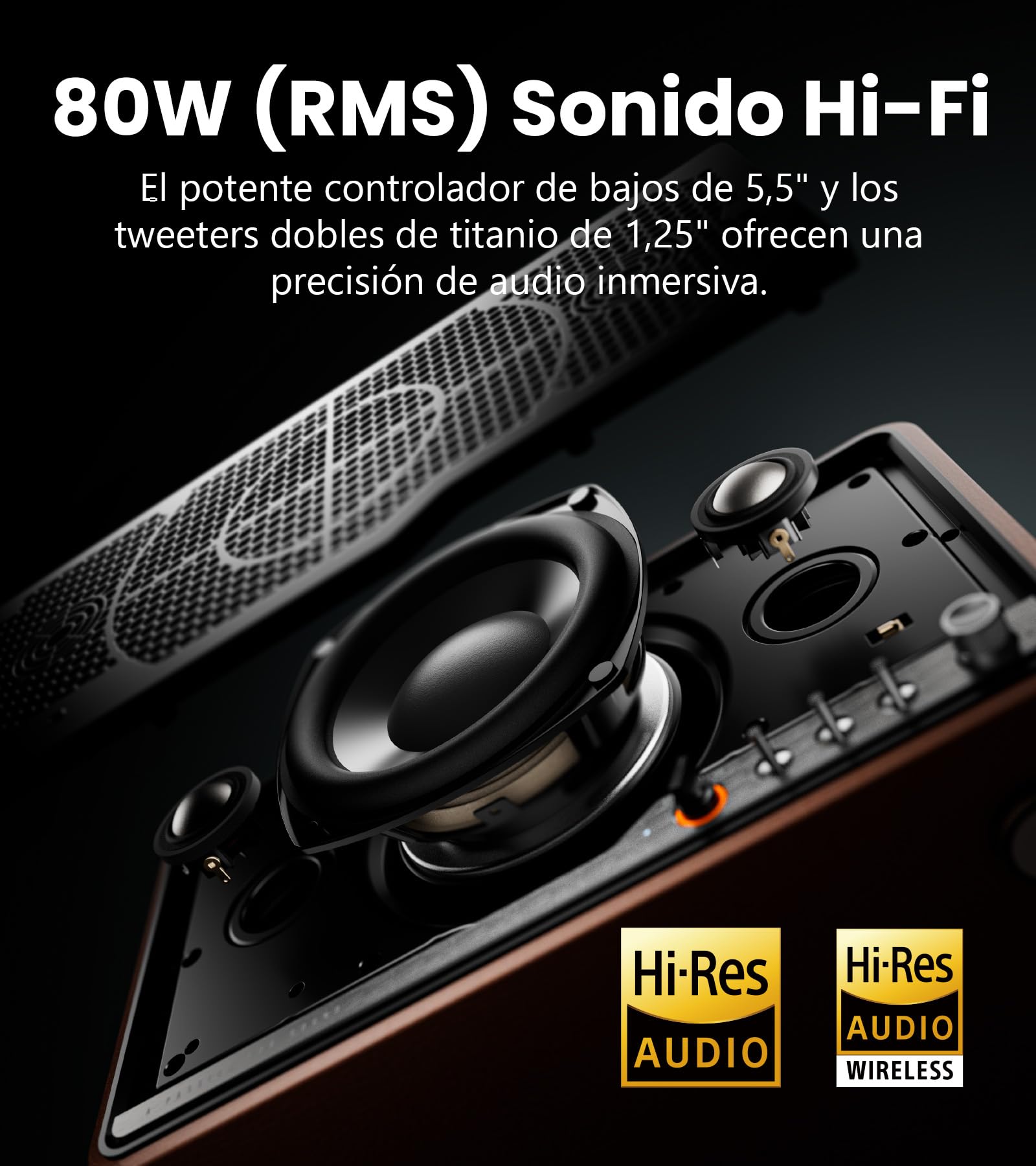 Edifier S300 Altavoces de Escritorio Retro, Audio Hi-Res Cableado e Inalámbrico, 80W (RMS) de Potencia, Bluetooth 5.4 Multipunto, WiFi Multihabitación (AirPlay 2), Entrada AUX y USB-C,marrón