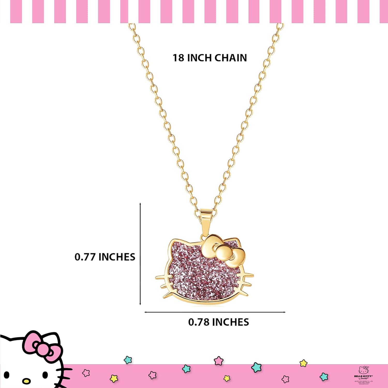 Hello Kitty Sanrio Womens Pink Glitter Necklace 18" - 18kt Gold Flash Plated Sterling Silver Necklace Official License