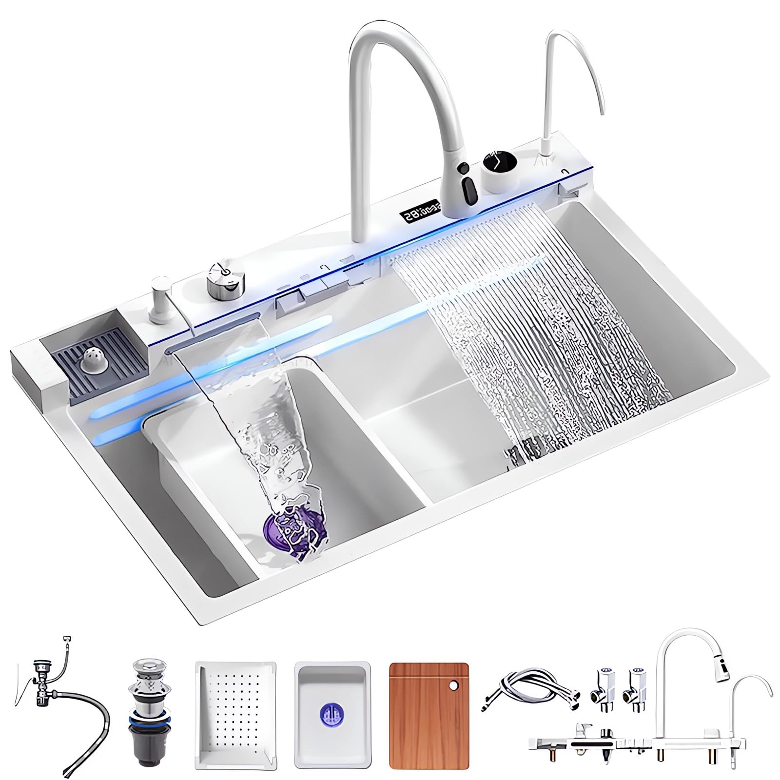 Lavello da cucina multifunzionale, lavello da cucina nero 1 vasca con sgocciolatoio 85x50 cm, lavello moderno a cascata, adatto per cucina, bar (Bianco, 80X45CM)