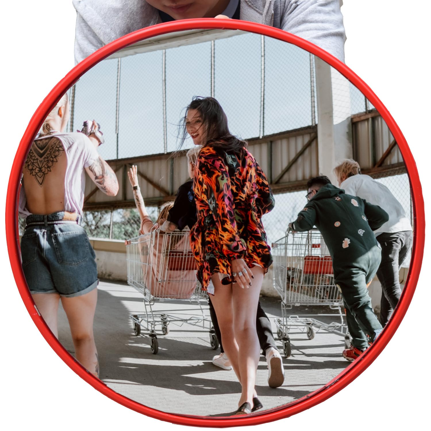 Photo 1 of DENTED - Vilmon 24" Convex Mirror Wide Angle View for Warehouse Garage Store Security Adjustable-PC Lightwieght Safety Mirror Red