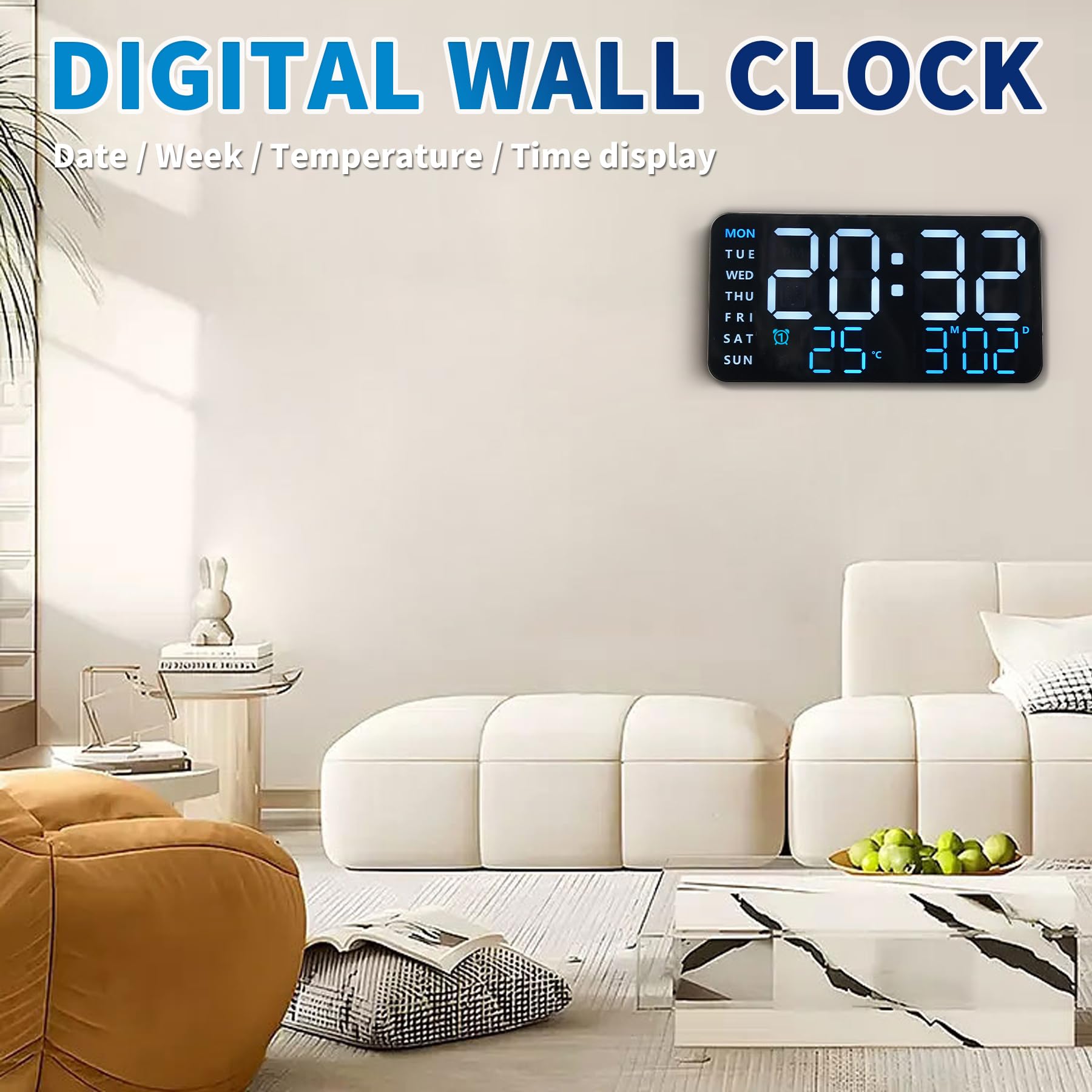 KCKJ Reloj despertador digital grande para dormitorio y hogar, con visualización de temperatura, fecha y día de la semana, brillo y volumen ajustables, doble uso para escritorio o montaje en pared